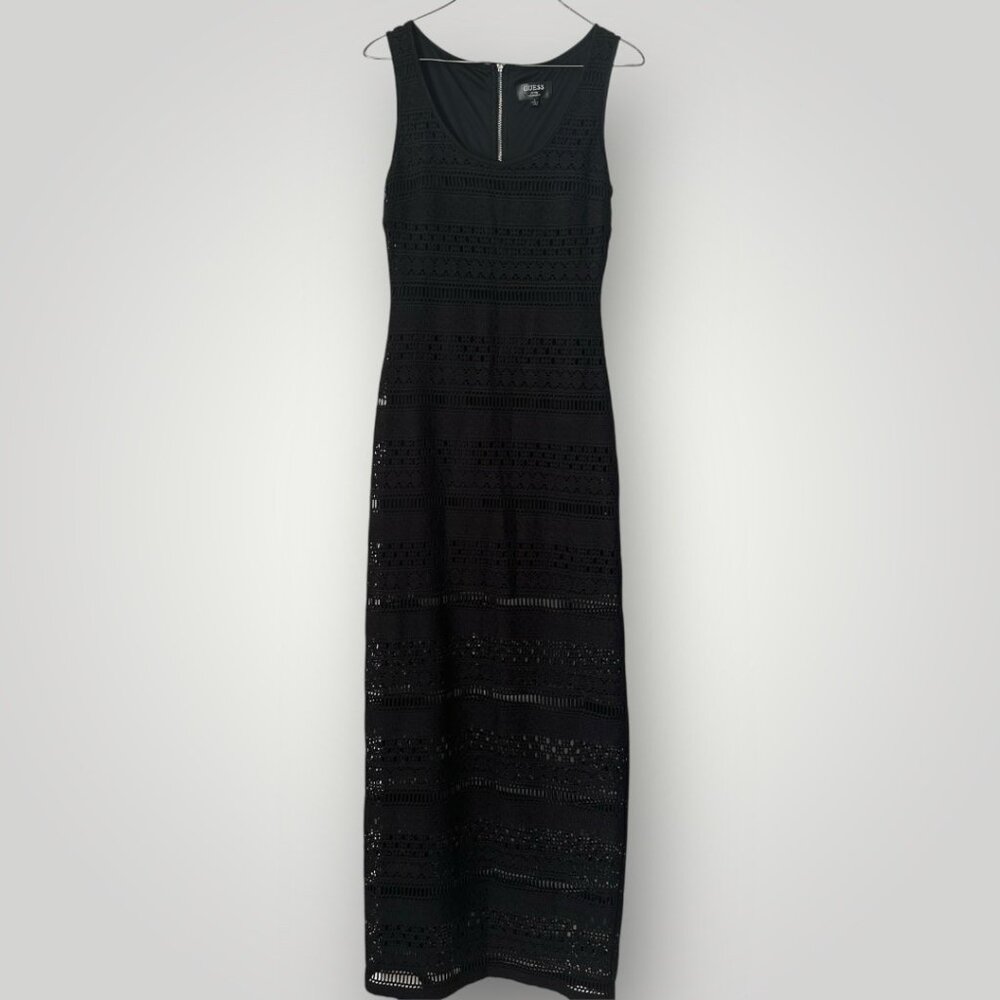 Guess Long Maxi Dress Crochet Bandage Size 4 Sleeveless Black Zipper Back - Picture 1 of 6
